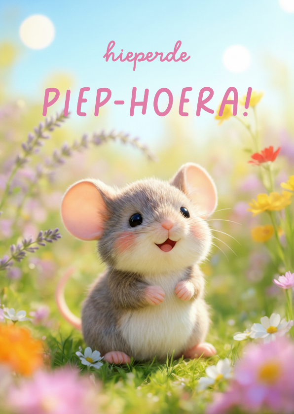 Verjaardagskaarten - Lief verjaardagskaartje met muis en vrolijke bloemen