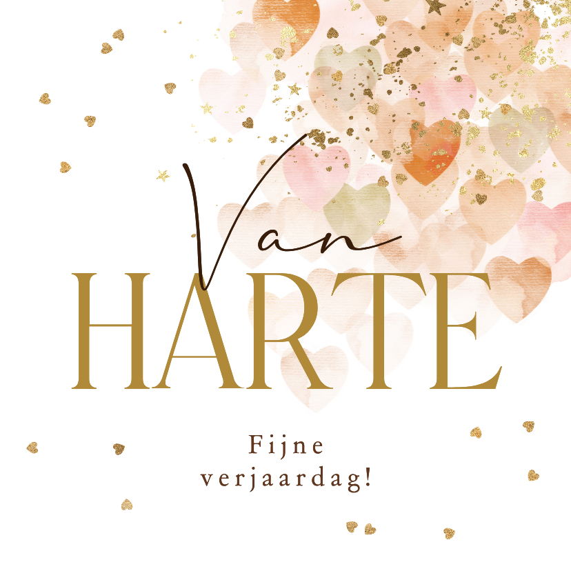 Verjaardagskaarten - Liefdevolle verjaardagskaart hartjes watercolor goud