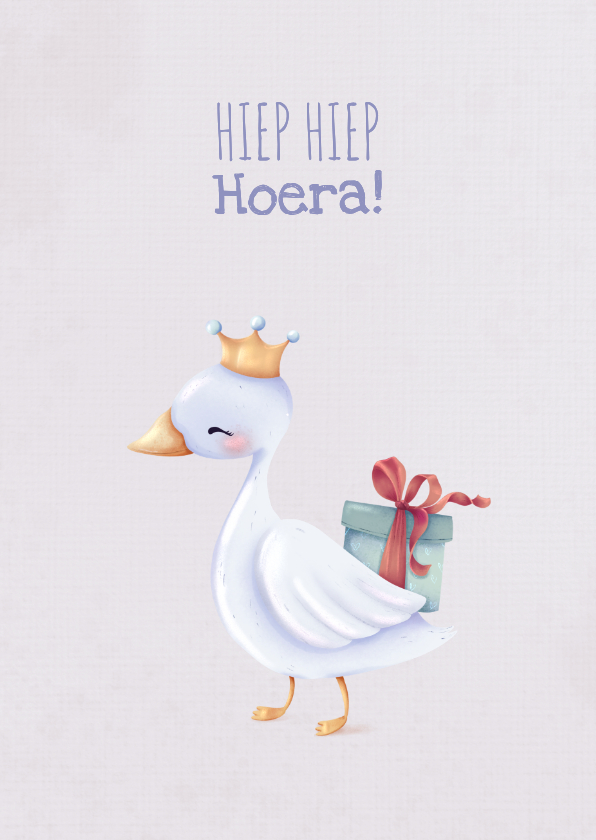 Verjaardagskaarten - Lieve felicitatiekaart voor kind met zwaan en cadeautje