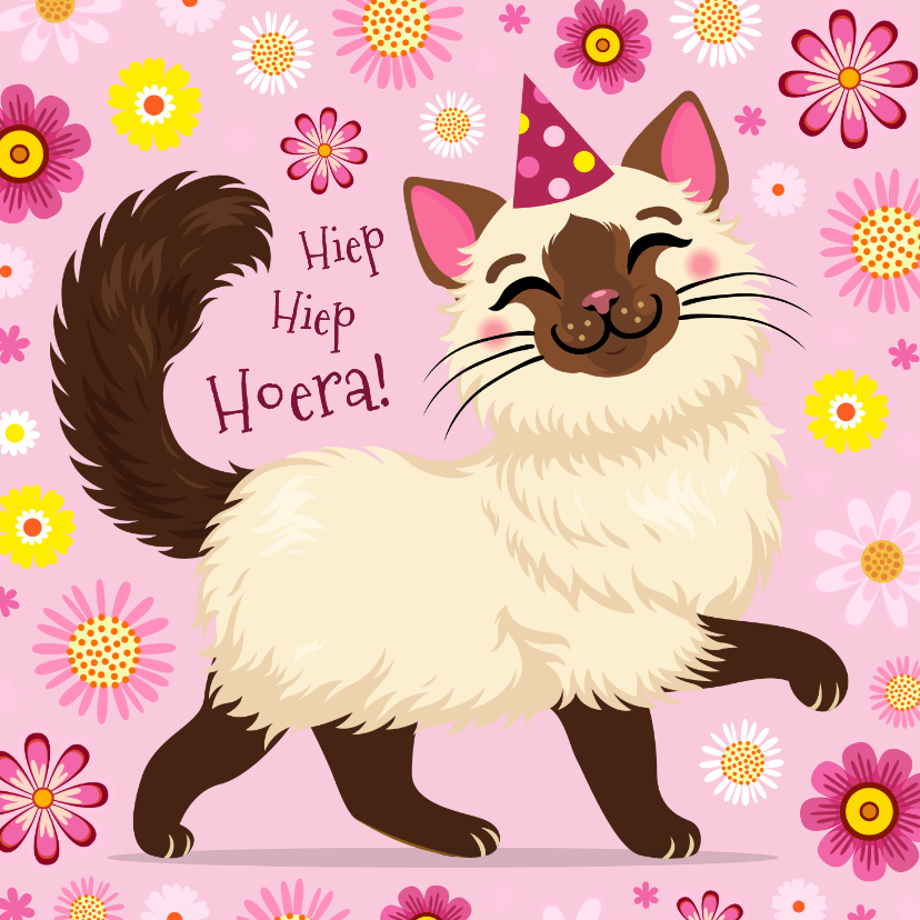 Verjaardagskaarten - Lieve kat & bloemen verjaardagskaart