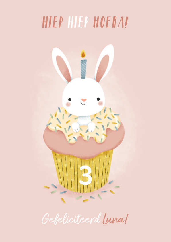 Verjaardagskaarten - Lieve verjaardagskaart meisje met konijntje in cupcake