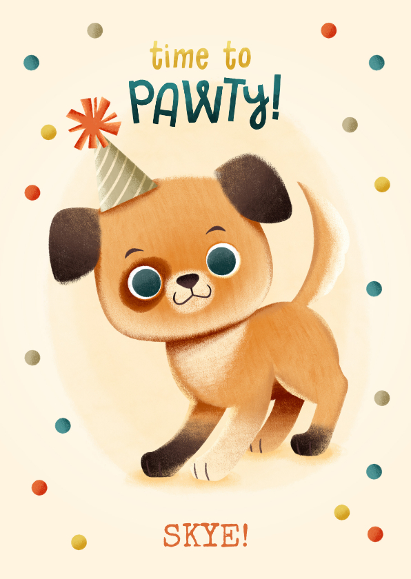Verjaardagskaarten - Lieve verjaardagskaart met hondje, confetti en feesthoedje
