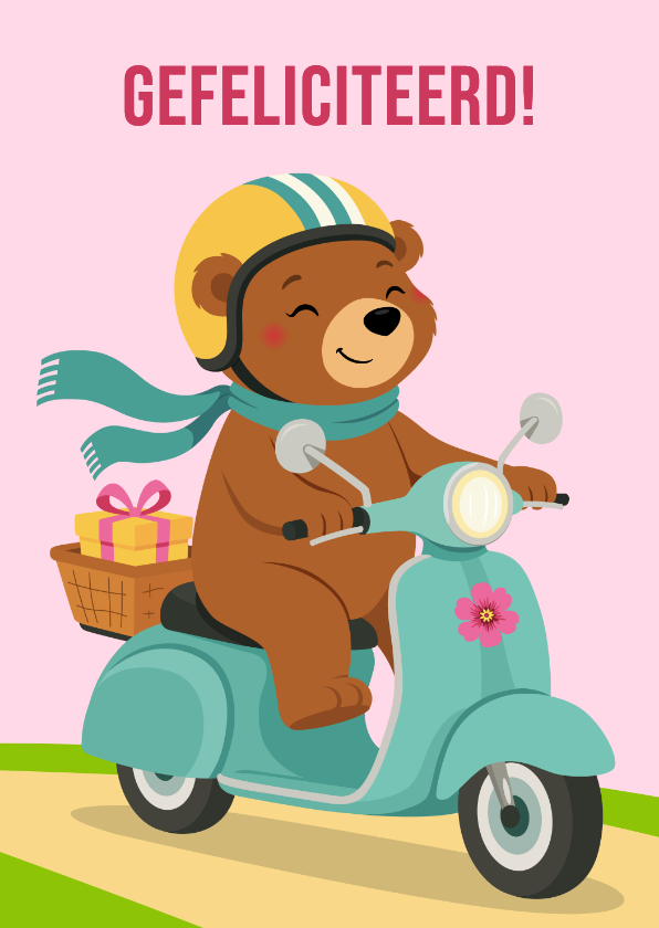 Verjaardagskaarten - Lieve verjaardagskaart met vrolijke beer op scooter