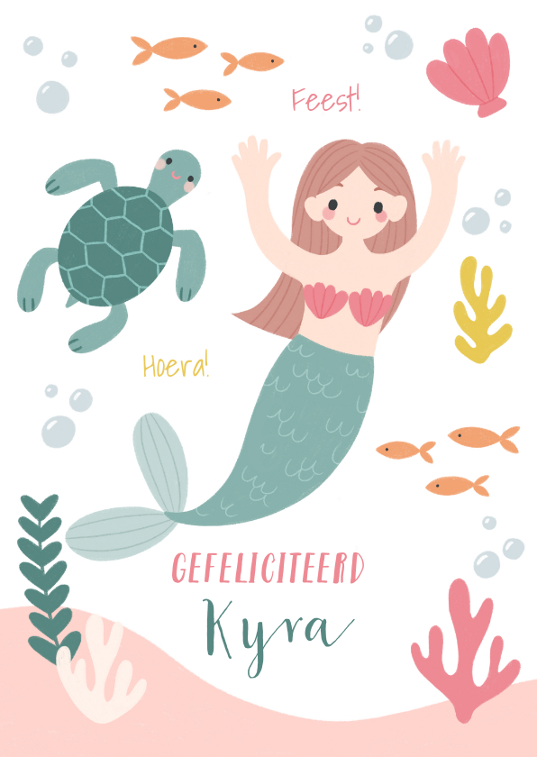 Verjaardagskaarten - Lieve verjaardagskaart met zeemeermin, schildpad en planten