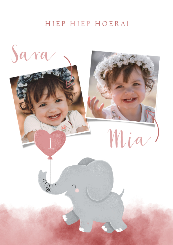 Verjaardagskaarten - Lieve verjaardagskaart voor tweeling meisjes met olifantje