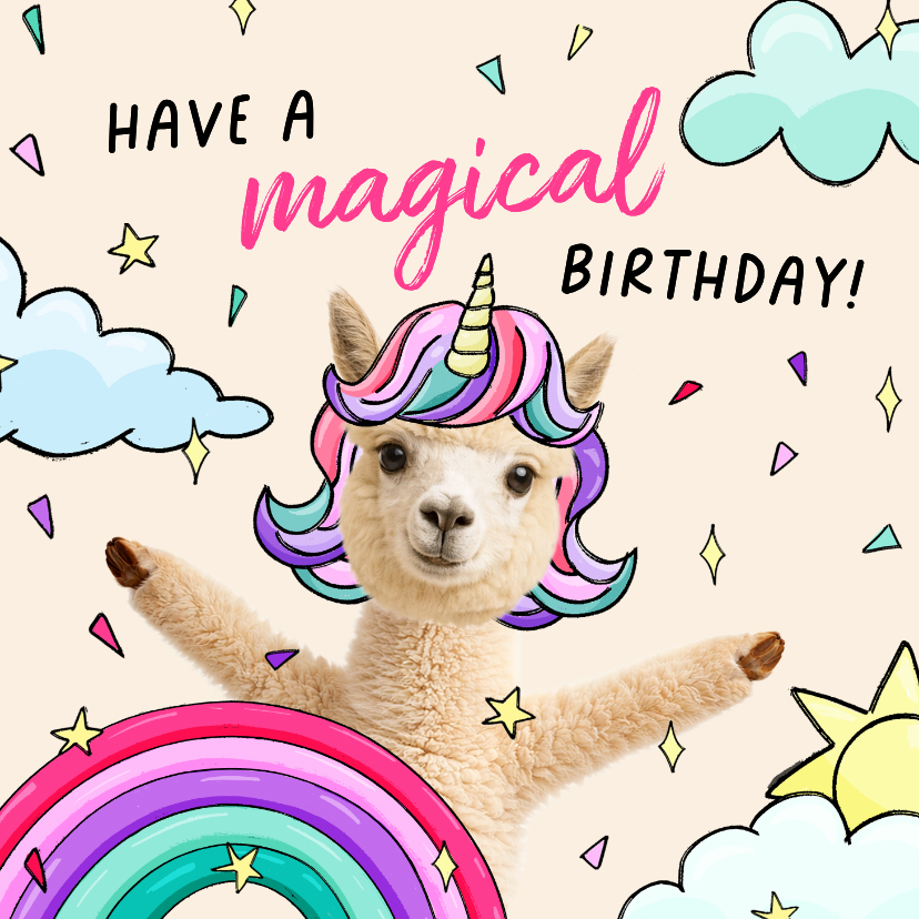 Magische verjaardagskaart met alpaca unicorn - Verjaardagskaarten Verjaardagskaarten - Magische verjaardagskaart met alpaca unicorn