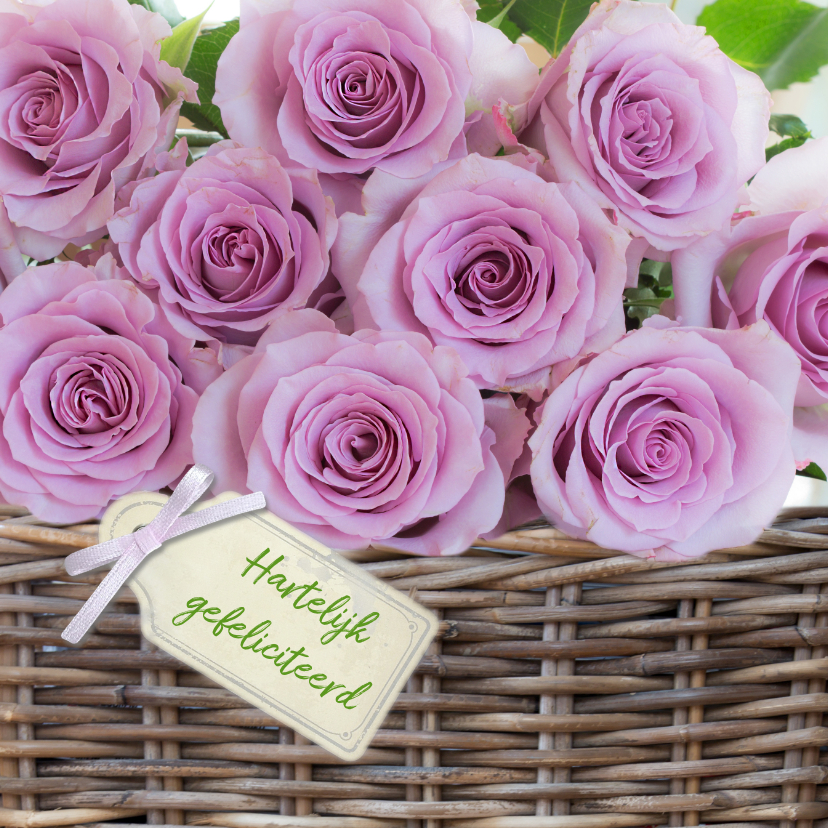 Mand met roze rozen met tekstlabel - Verjaardagskaarten Verjaardagskaarten - Mand met roze rozen met tekstlabel