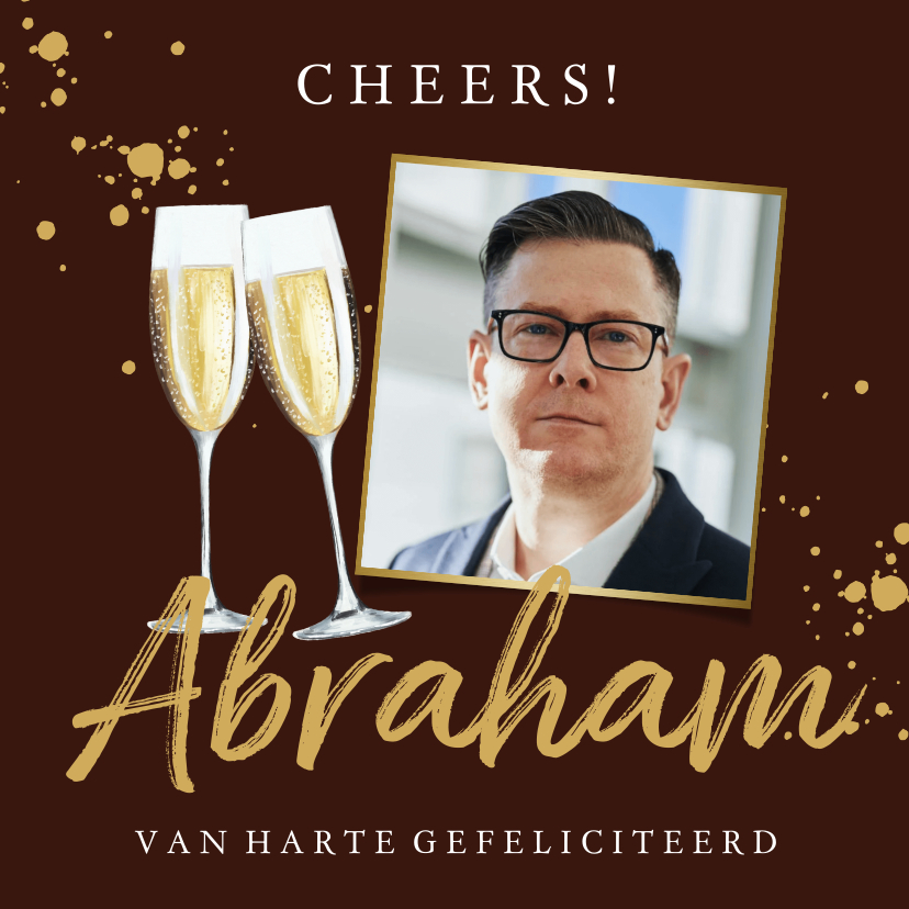 Verjaardagskaarten - Moderne Abraham kaart met champagneglas, foto's en goud