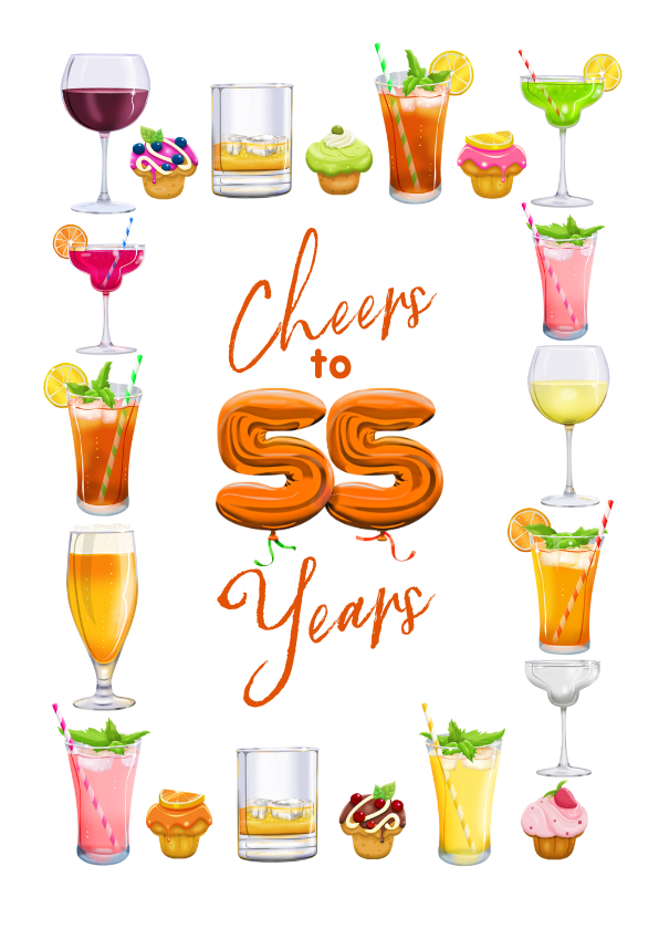 Verjaardagskaarten - Moderne kaart met glazen, diverse drankjes, 55 jaar