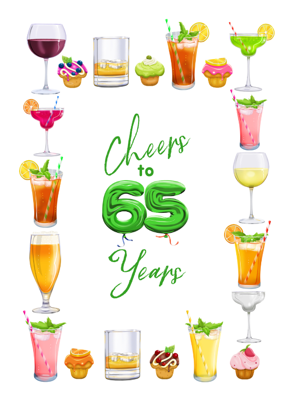 Verjaardagskaarten - Moderne kaart met glazen, diverse drankjes, 65 jaar