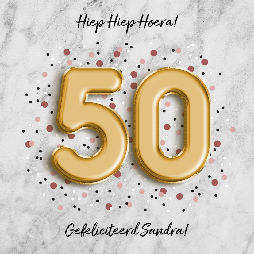 Verjaardagskaarten - Moderne verjaardagskaart folieballon '50' met confetti