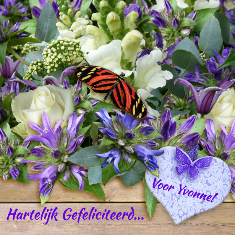 Verjaardagskaarten - Mooie verjaardagskaart, vlinder op bloemen en hart