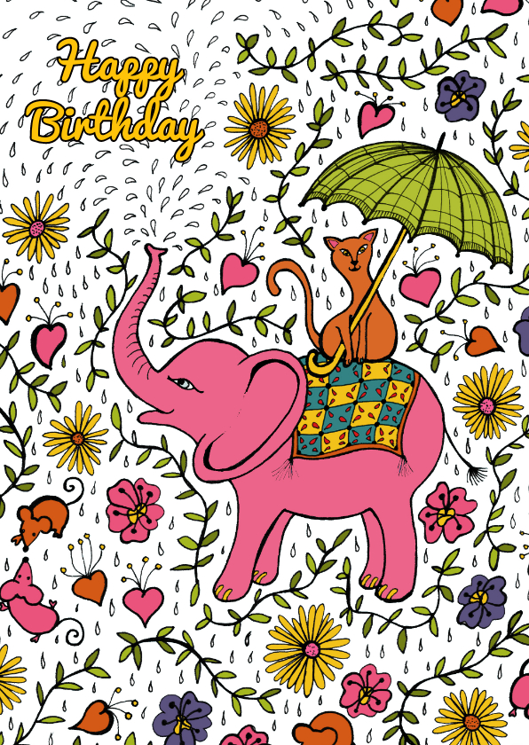 Verjaardagskaarten - Olifant met poes op zijn rug met bloemen, takjes en druppels