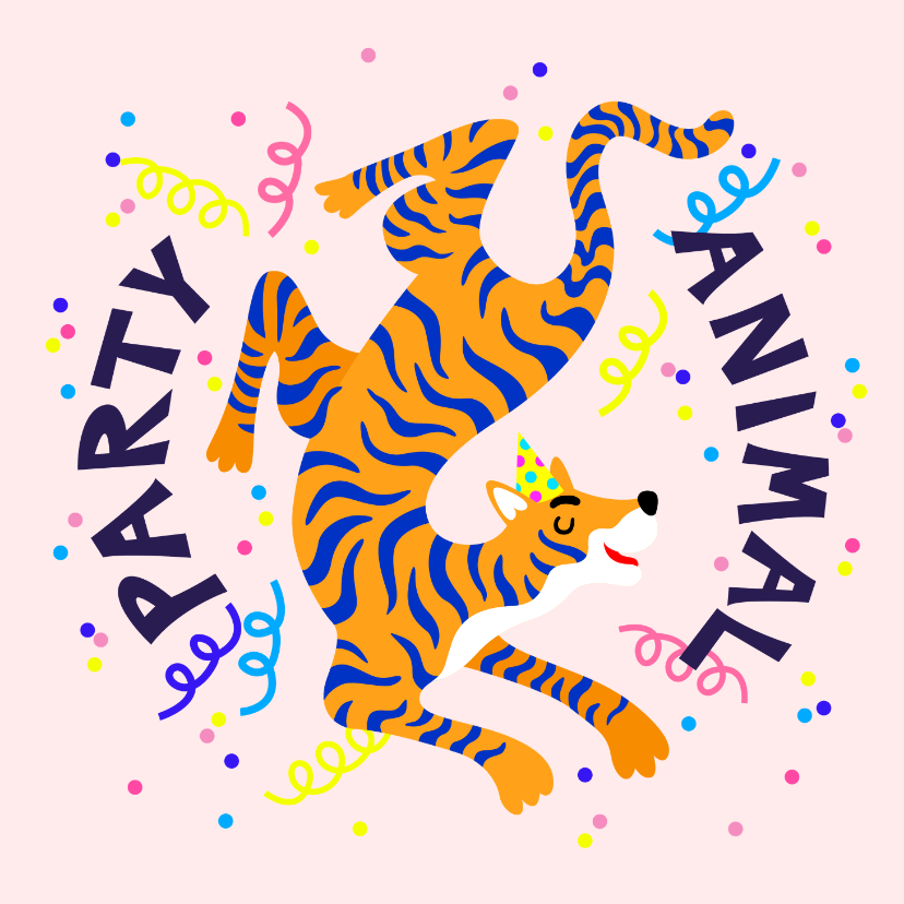 Party animal verjaardagskaart met tijger en slingers - Verjaardagskaarten Verjaardagskaarten - Party animal verjaardagskaart met tijger en slingers