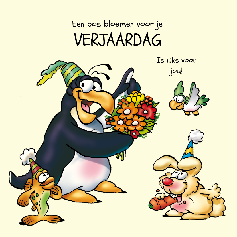Penguins verjaardag 20 met bloemen. - Verjaardagskaarten Verjaardagskaarten - Penguins verjaardag 20 met bloemen.