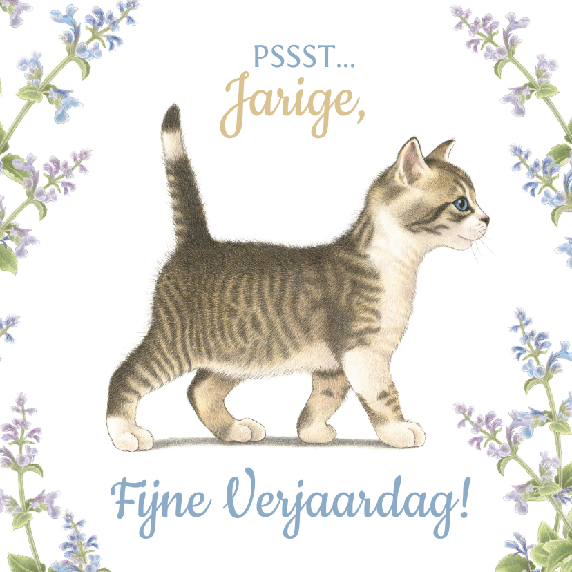 Verjaardagskaarten - Pssst jarige bloemen en kitten