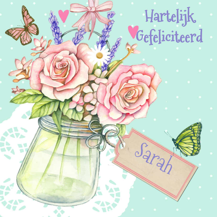 Sarah met vaasje rozen - Verjaardagskaarten Verjaardagskaarten - Sarah met vaasje rozen