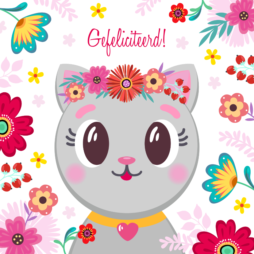Verjaardagskaarten - Schattige kat verjaardagskaart met bloemen