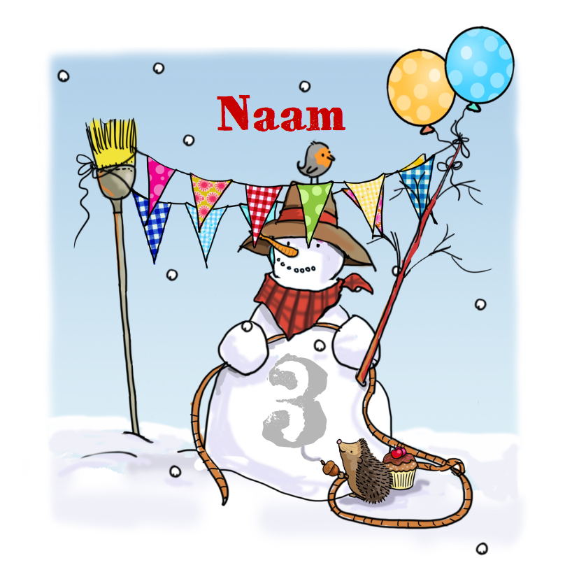 Sneeuwpop met nummer Anet Illustraties - Verjaardagskaarten Verjaardagskaarten - Sneeuwpop met nummer Anet Illustraties