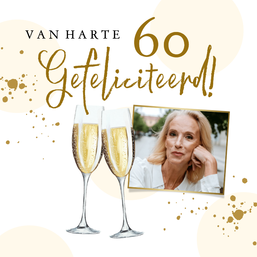 Verjaardagskaarten - Stijlvolle kaart met champagneglazen, spetters en foto