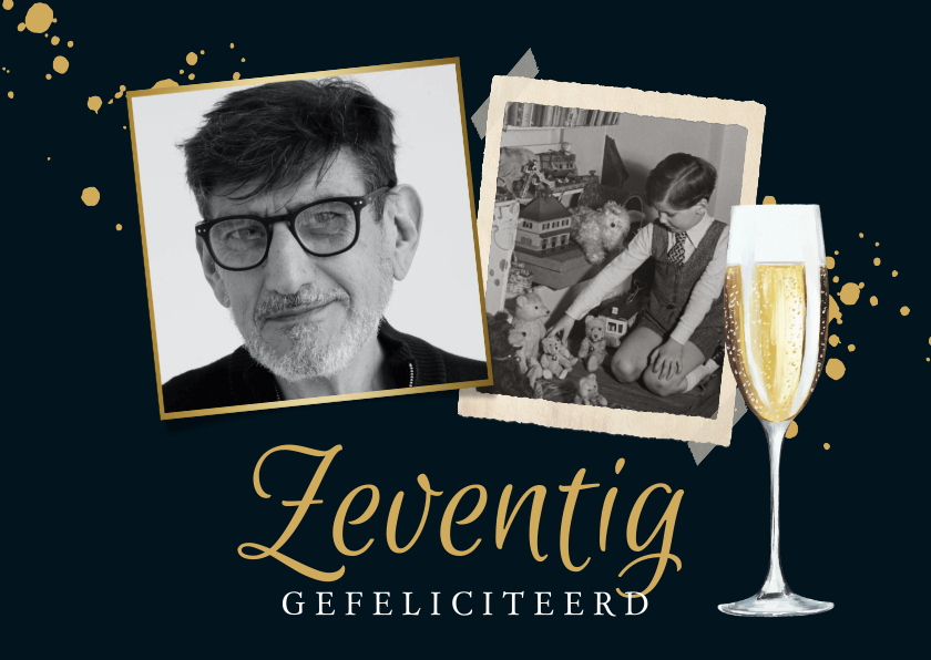 Verjaardagskaarten - Stijlvolle kaart met foto's, champagneglas in goud en blauw