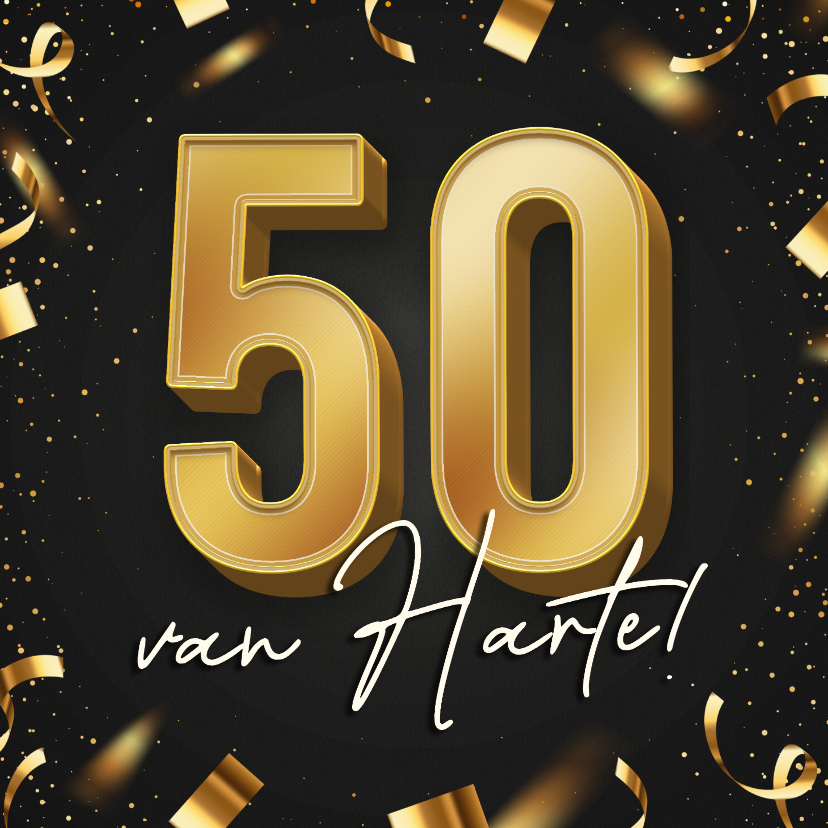 Stijlvolle verjaardagskaart 50 goud 3d van harte confetti - Verjaardagskaarten Verjaardagskaarten - Stijlvolle verjaardagskaart 50 goud 3d van harte confetti