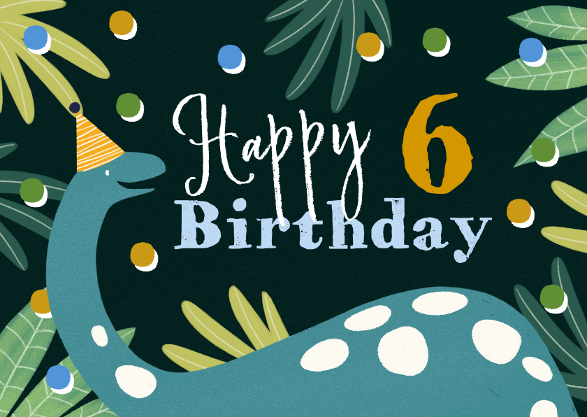 Verjaardagskaarten - Stoere kaart met dino op donkere achtergrond en confetti