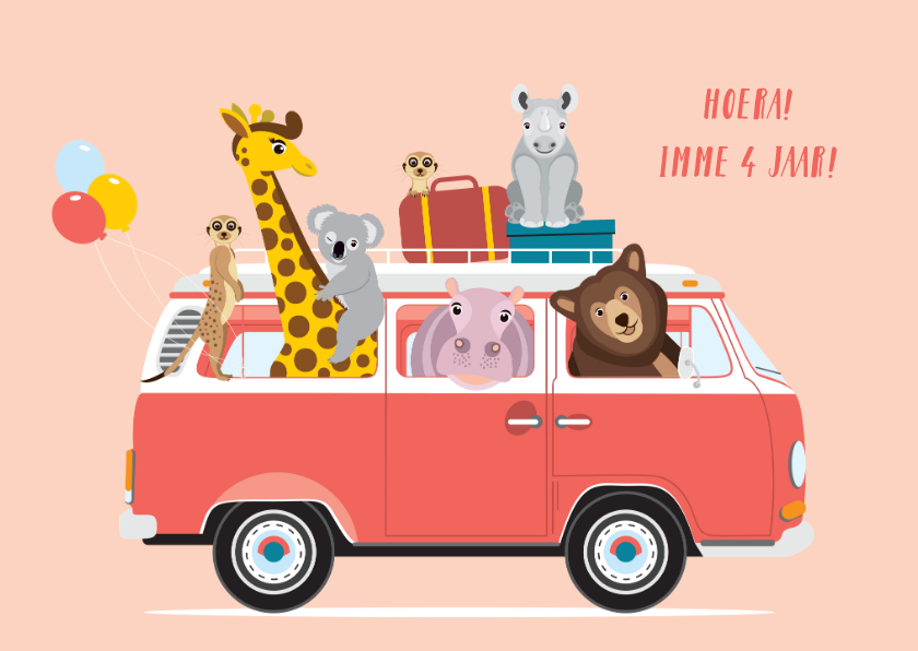 Verjaardagskaarten - Stoere verjaardagskaart met volkswagen busje en dieren