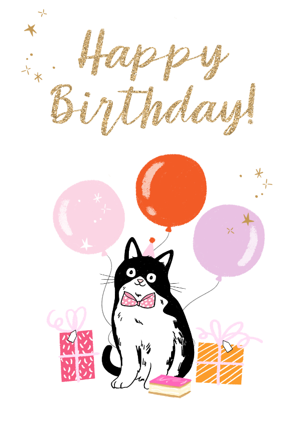 Verjaardagskaarten - Trendy kaart met geïllustreerde kat glitters en sterretjes
