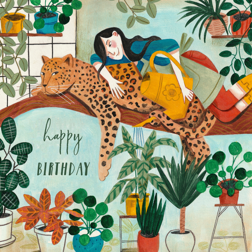 Verjaardagskaarten - Trendy luipaard cheetah en planten verjaardagskaart 