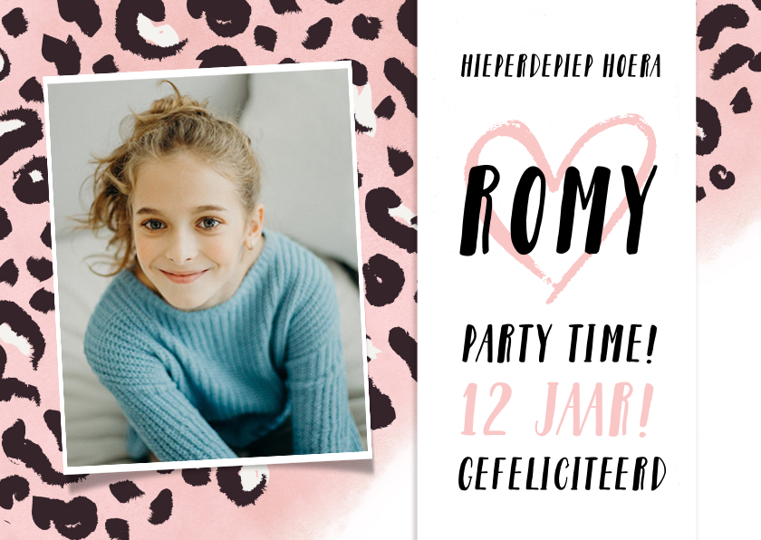 Verjaardagskaarten - Trendy meisjes verjaardagskaart met een roze luipaardprint 
