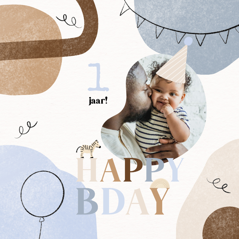 Verjaardagskaarten - Trendy verjaardagskaart blauw abstract slinger foto 1 jaar