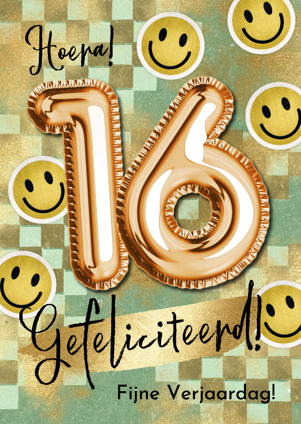 Verjaardagskaarten - Trendy verjaardagskaart blokjes smileys folieballon goud