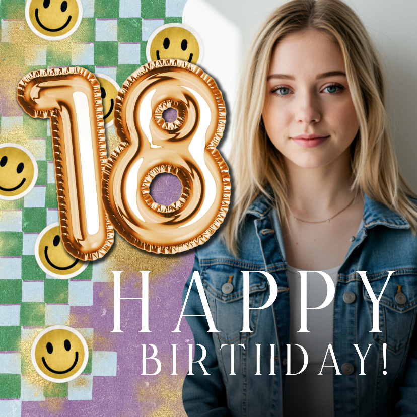 Verjaardagskaarten - Trendy verjaardagskaart folieballon 18 jaar foto smiley goud