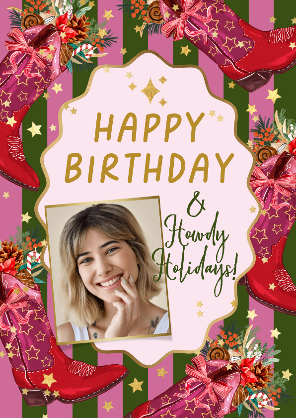 Verjaardagskaarten - Trendy verjaardagskaart howdy holidays cowboyboot ster goud