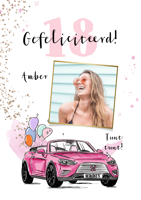 Trendy verjaardagskaart met auto in roze en ballonnen - Verjaardagskaarten Verjaardagskaarten - Trendy verjaardagskaart met auto in roze en ballonnen