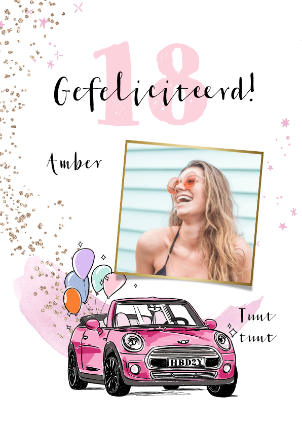 Verjaardagskaarten - Trendy verjaardagskaart met auto in roze en ballonnen