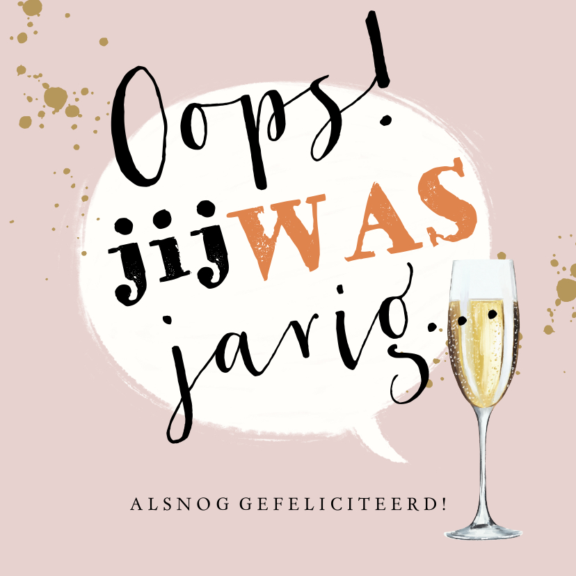 Verjaardagskaarten - Typografische kaart met spreekwolk en champagneglas