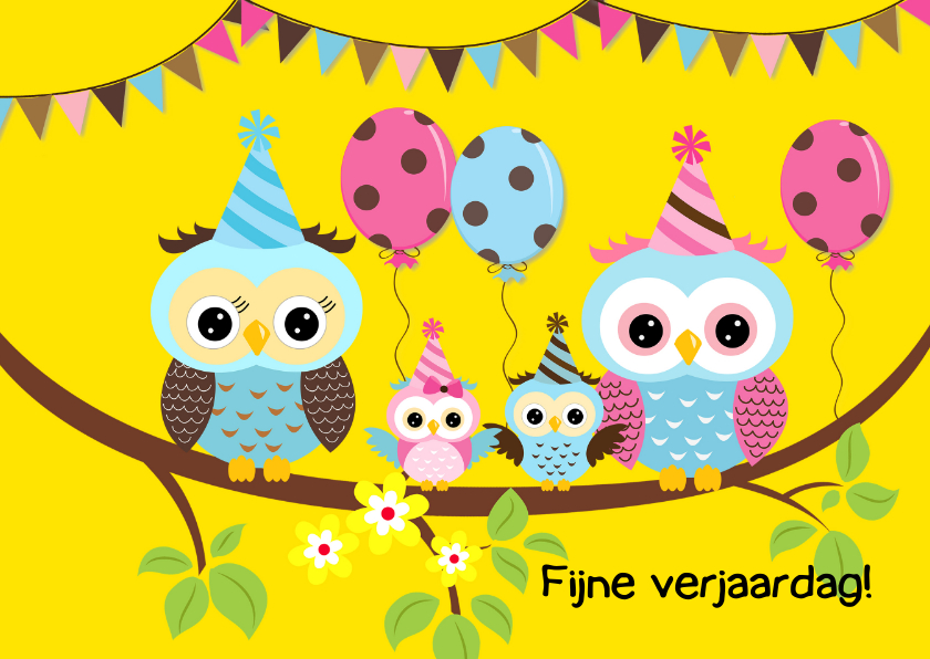 Uilenfamilie met ballonnen - geel - Verjaardagskaarten Verjaardagskaarten - Uilenfamilie met ballonnen - geel