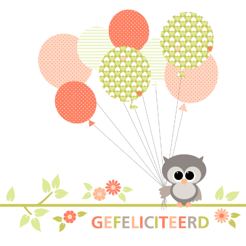 Uiltje met ballonnen - Verjaardagskaarten Verjaardagskaarten - Uiltje met ballonnen