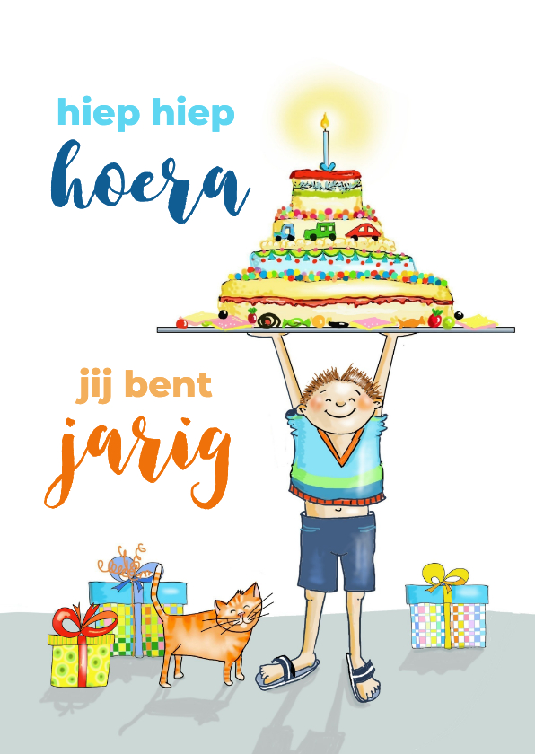 Verjaardagskaarten - Verjaardag - jongen met grote taart