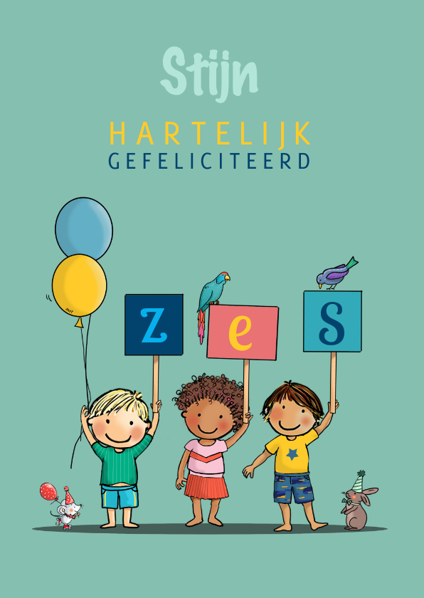 Verjaardag kinderen met bordjes zes - Verjaardagskaarten Verjaardagskaarten - Verjaardag kinderen met bordjes zes