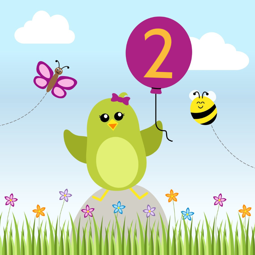 Verjaardag meisje groen vogeltje met ballon - DD - Verjaardagskaarten Verjaardagskaarten - Verjaardag meisje groen vogeltje met ballon - DD