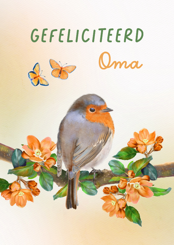 Verjaardagskaarten - Verjaardag roodborst met voorjaarsbloesem