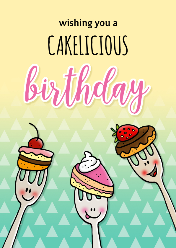 Verjaardagskaarten - Verjaardag taartvorkjes met cake woordgrap