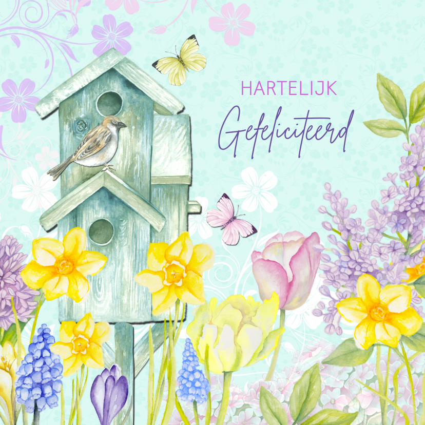 Verjaardagskaarten - Verjaardag vogelhuis bloemen