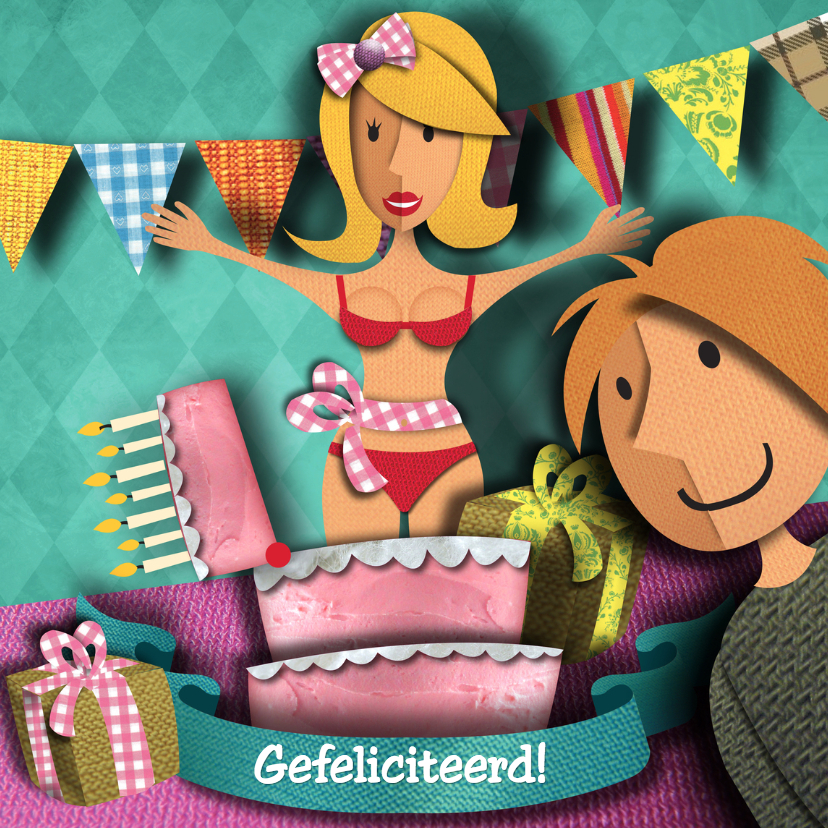 Verjaardag - vrouw uit taart - Verjaardagskaarten Verjaardagskaarten - Verjaardag - vrouw uit taart