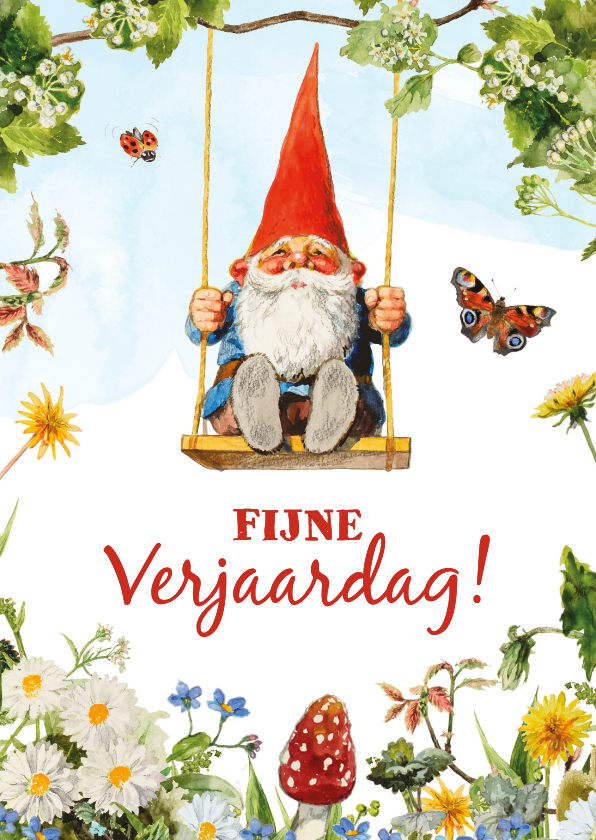 Verjaardagkaart kabouter op schommel - Verjaardagskaarten Verjaardagskaarten - Verjaardagkaart kabouter op schommel