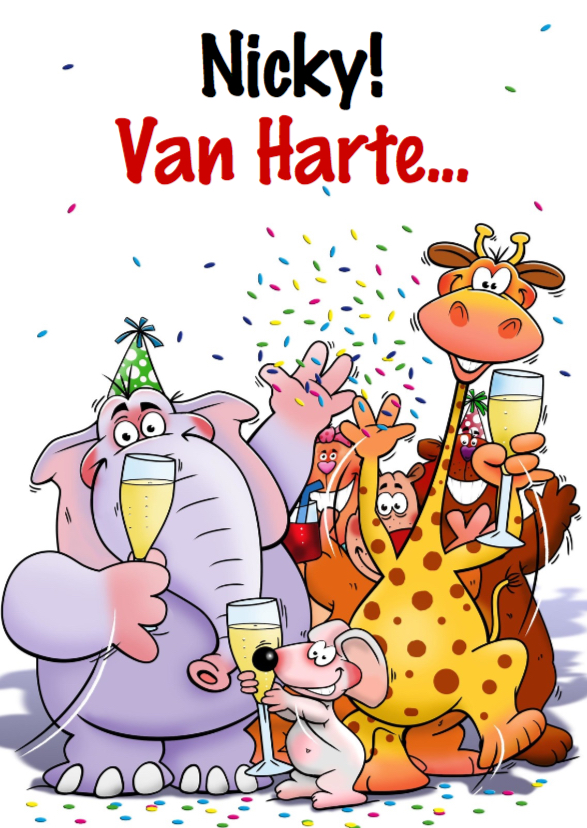 Verjaardagkaart met grappige dieren met glazen champagne - Verjaardagskaarten Verjaardagskaarten - Verjaardagkaart met grappige dieren met glazen champagne