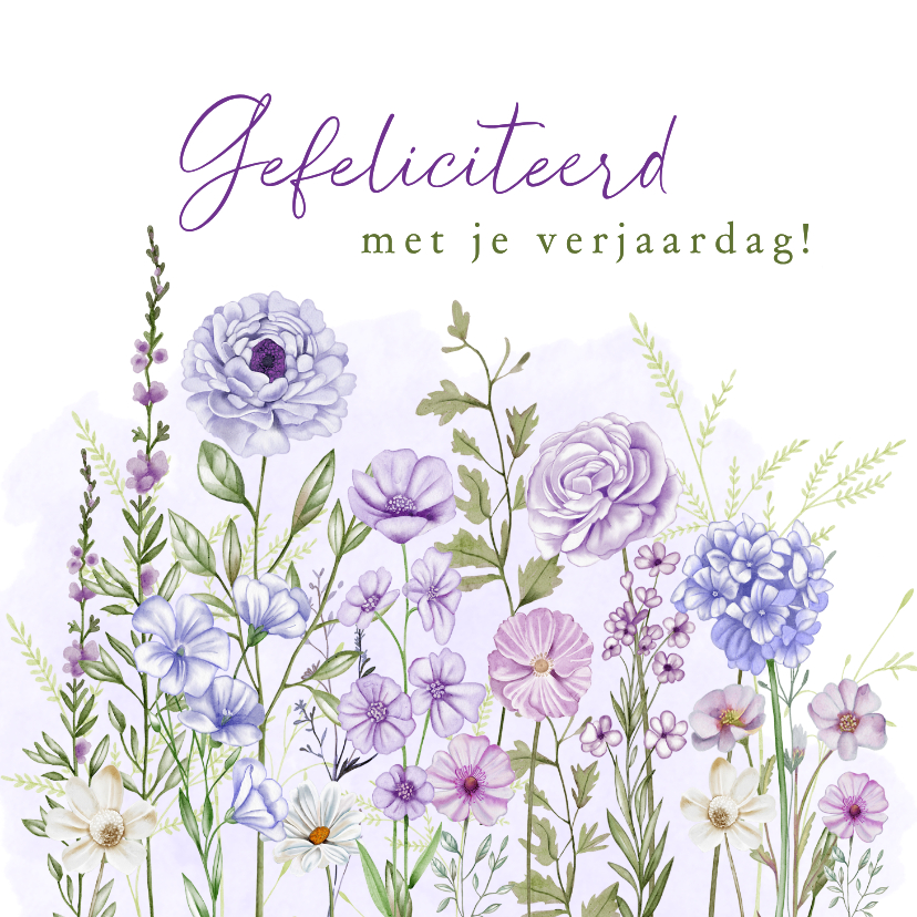 Verjaardagskaarten - Verjaardagkaart veldbloemen in paarse kleuren
